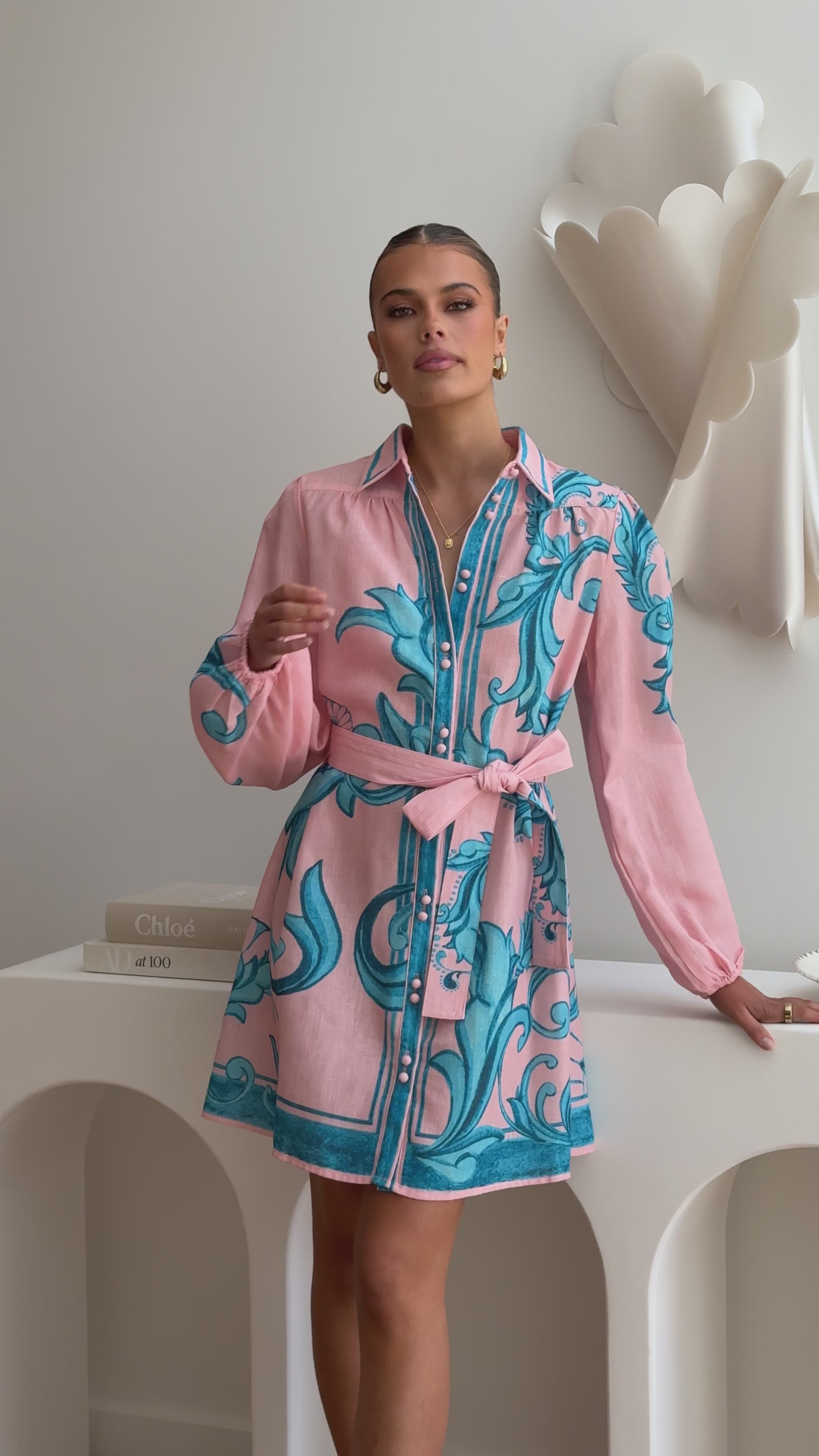 Lucia Long Sleeve Mini Dress - Aqua/Pink Print