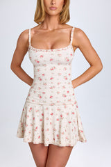 Evabeth-Lace-Trim Ruched Mini Dress in Small Rose Print