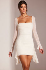 Ferrara-Long Sleeve Embellished Cowl Neck Mini Dress in White
