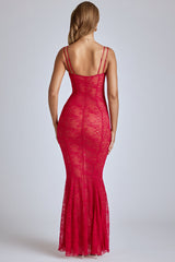 Marietta-Sheer Lace Fishtail Gown in Cherry Red