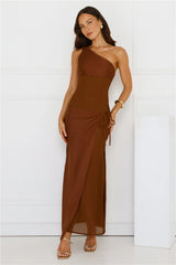 Satin Statement One Shoulder Maxi Dress Brown