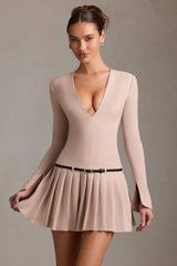Fiorella-Long-Sleeve Pleated Mini Dress in Mushroom