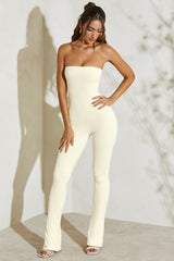 Jamila-Strapless Flared Hem Jumpsuit in Ivory