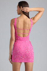 Yasmin-Embellished Lace-Up Mini Dress in Bubblegum Pink