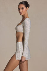 Lumina-Embellished Long-Sleeve Crop Top in White