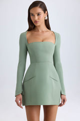 Taesha-Square-Neck Structured Tulip Mini Dress in Khaki Green