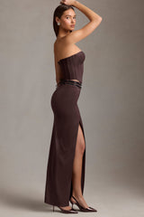 Liora-Pinstripe Low-Rise Maxi Skirt in Chocolate Brown