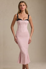 Valentina-Layered Bra-Detail Fishtail Midaxi Dress in Pink Polka Dot