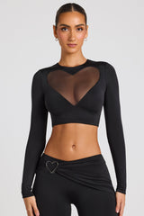 Solea-Sheer Panelled Long Sleeve Crop Top in Black