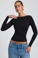 Elli-Modal High Neck Long Sleeve Open Back Top in Black