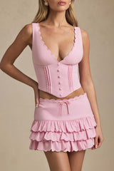 Lorena-Layered Ruffled Low-Rise Mini Skirt in Soft Pink
