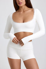 Calla-Ribbed Modal Lace-Trim Crop Top in White