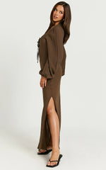 Sydney Midi Dress - Scoop Neck Long Sleeve Slip Dress in Brown