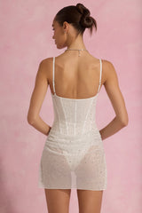 Connie-Semi-Sheer Embellished Draped Corset Mini Dress in White