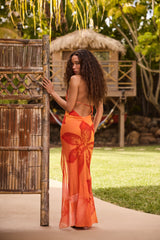 Taveuni-Cowl-Neck Hardware-Detail Maxi Dress in Orange Orchid Print