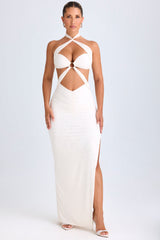 Kalyani-Cut-Out Ruched Halterneck Maxi Dress in White