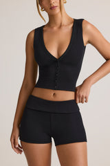 Lisha-Modal Ribbed Mid-Rise Foldover Shorts in Black