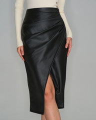 Black Straight Leather Midi Skirt