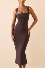 Ainslee-Square Neck Midi Dress in Chocolate Brown