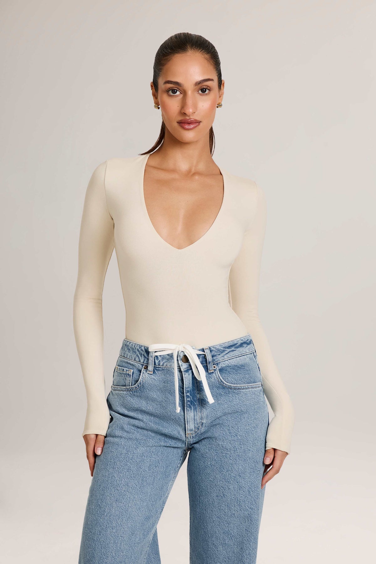 Elodie-Modal Plunge Long-Sleeve Bodysuit  in Ivory