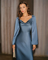 Blue Cowl Neck A-Line Midi Dress