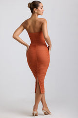 Bryanna-Ruched Hardware Detail Strapless Midaxi Dress in Burnt Orange