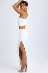 Ishaana-Ruched Asymmetric-Waist Maxi Skirt in White