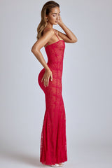 Marietta-Sheer Lace Fishtail Gown in Cherry Red