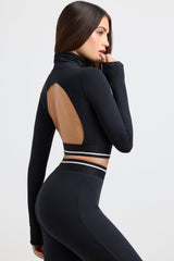 Stretch Cotton Jersey Backless Turtleneck Long-Sleeve Crop Top in Black