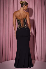 Marceline-Lace-Up Corset Fishtail Maxi Dress in Black
