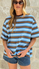 Billie Oversized Tee - Brown/Blue Stripe