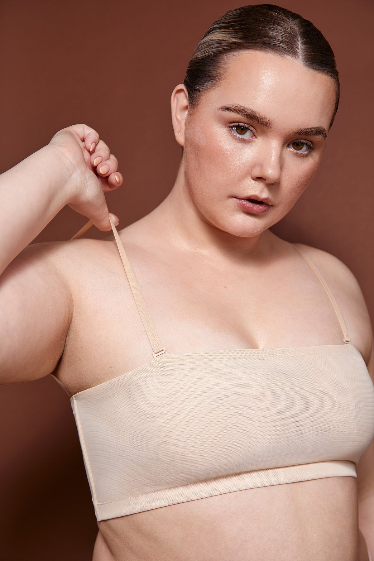 Intimates-Soft Mesh Bandeau Bra in Beige