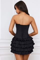 Juliet-Bandeau Ruffled Tiered Corset Mini Dress in Black