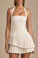 Rosaria-Asymmetric Layered Halterneck Mini Dress in Ivory