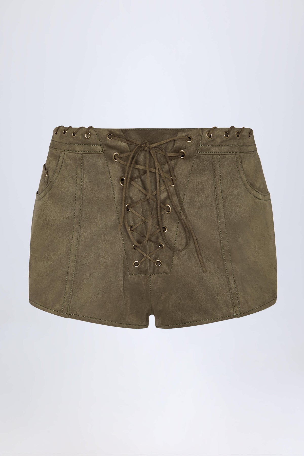 Parva-Lace-Up Mid-Rise Shorts in Dark Khaki