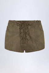 Parva-Lace-Up Mid-Rise Shorts in Dark Khaki