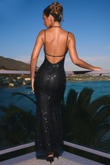 Joella-Embellished Cut-Out Halterneck Maxi Dress in Black