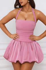 Ludmila-Halterneck Lace-Up Bubble Hem Corset Micro Mini Dress in Mauve