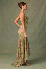 Haruna-Ruched Asymmetric Corset Gown in Floral Multi Print