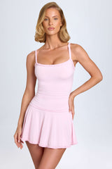 Evabeth-Lace-Trim Ruched Mini Dress in Blush