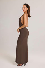 Leire-Modal Plunge Backless Maxi Dress in Chocolate Brown