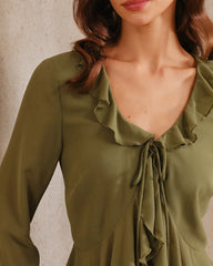 Green Chiffon Ruffle Bell Sleeve Blouse