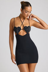 Lavinie-Embellished Heart Cup Detail Mini Dress in Black