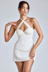 Lisbeth-Cross-Neck A-Line Mini Dress in Ivory