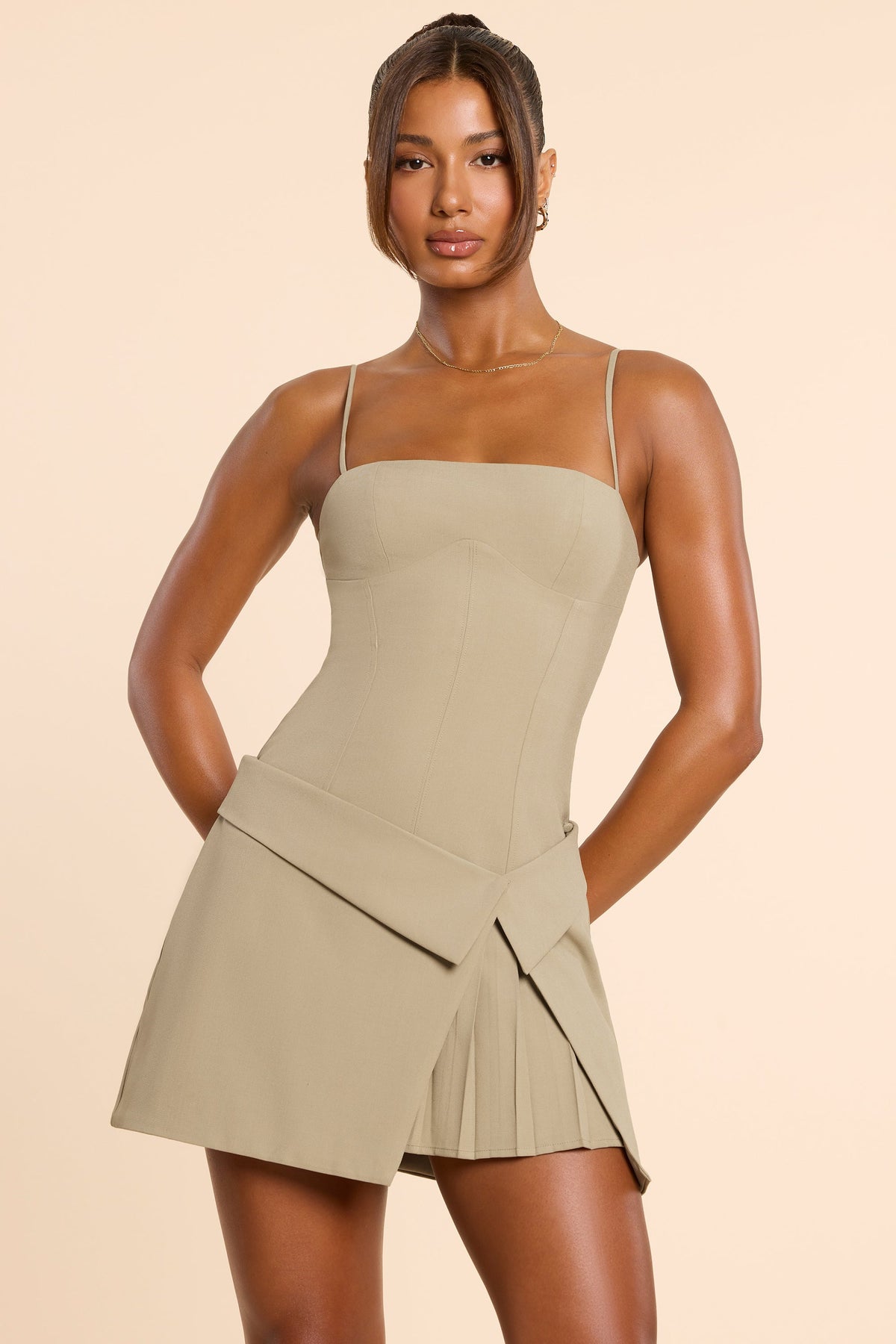 Bruna-Woven Twill Wrap Over Pleated Mini Dress in Taupe