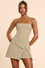 Bruna-Woven Twill Wrap Over Pleated Mini Dress in Taupe