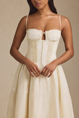 Esmeralda-Lace-Trim Pintucked Poplin Midaxi Dress in Ivory