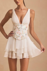 Sakura-Embellished Ruffled Corset Mini Dress in Ivory
