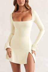 Baize-Square Neck Long Sleeve Mini Dress in Ivory