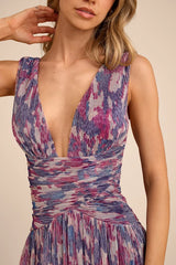 Evaluna Purple Abstract Print Lurex Pleated Maxi Dress